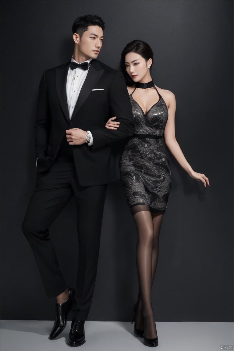 👫,a Handsome man and a sexy woman hugging together,standing,Asian,exquisite facial features,(muscular man wearing formal suit,formal sheer socks,footwear), (slim woman wearing black Mosaic dress which sways with the wind,black print pantyhose), face to face, affectionate, charming eyes,simple background, graceful yet melancholic posture, Volumetric lighting,full shot,Ultra High Resolution,profession,High-end fashion photoshoot,(masterpiece, realistic, best quality, highly detailed),jzns,plns, ((poakl)),kongjie, pjcouple