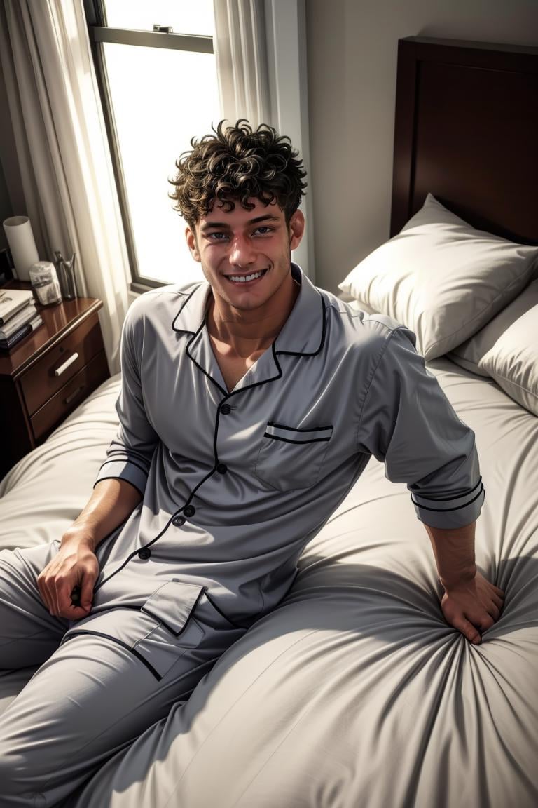 (masterpiece, best quality:1.2), man, solo, 1boy, smiling, grin, (depth of field:1.1), photo of person, pajamas shirt, pajamas pants, messy hair, lying on bed, view from above, sweaty skin,view from above,bedroom, sheets, romantic mood, masterpiece, highness, perfect face, perfect picture, detailed eyes, sharp focus,High detailed view,photo of ccu person<lora:EMS-321509-EMS:1.000000>