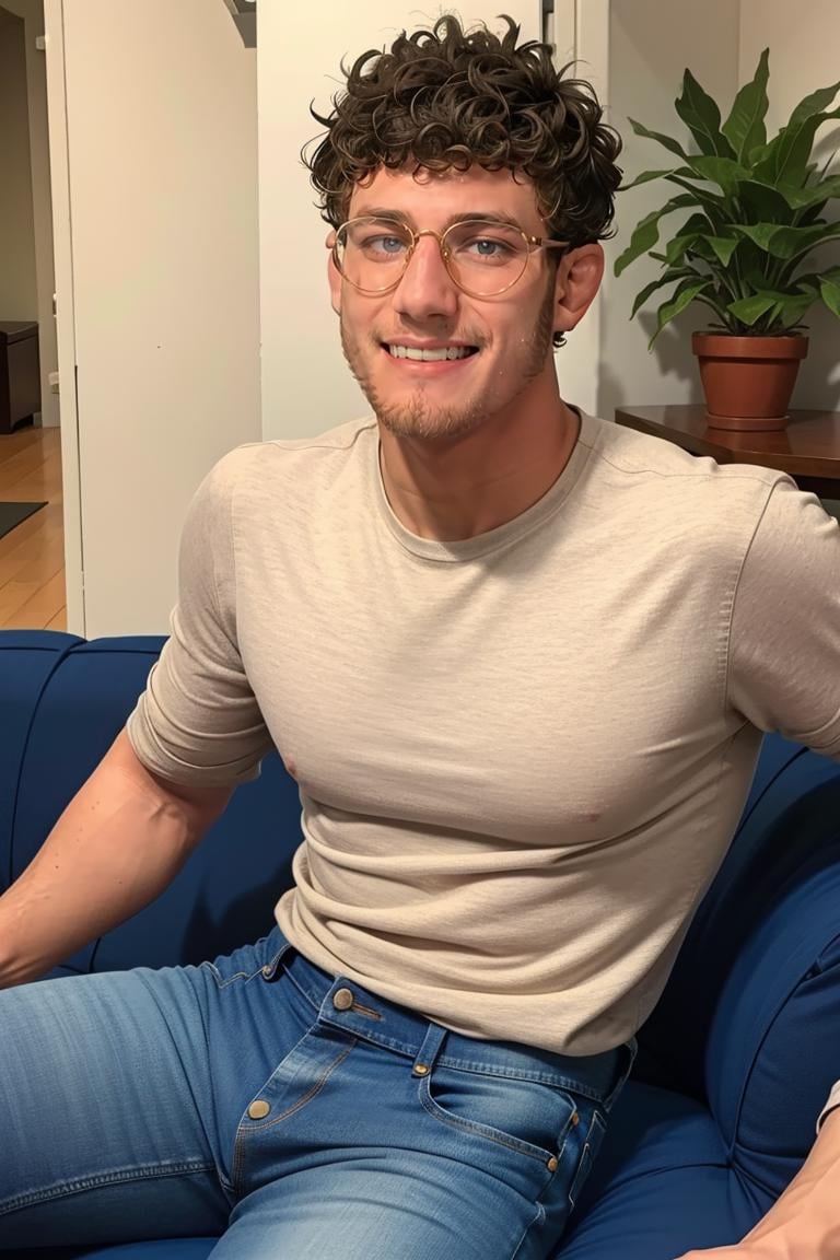 (masterpiece, best quality:1.2), man,solo, 1boy, , (depth of field:1.1), glasses, smiling, photo of man, floral shirt, denim jeans,, sitting on couch, spread legs, symmetrical body, beard,, ,cowboy shot, , masterpiece, highness, perfect face, perfect picture, detailed eyes, sharp focus,High detailed view,photorealistic<lora:EMS-321509-EMS:1.000000>