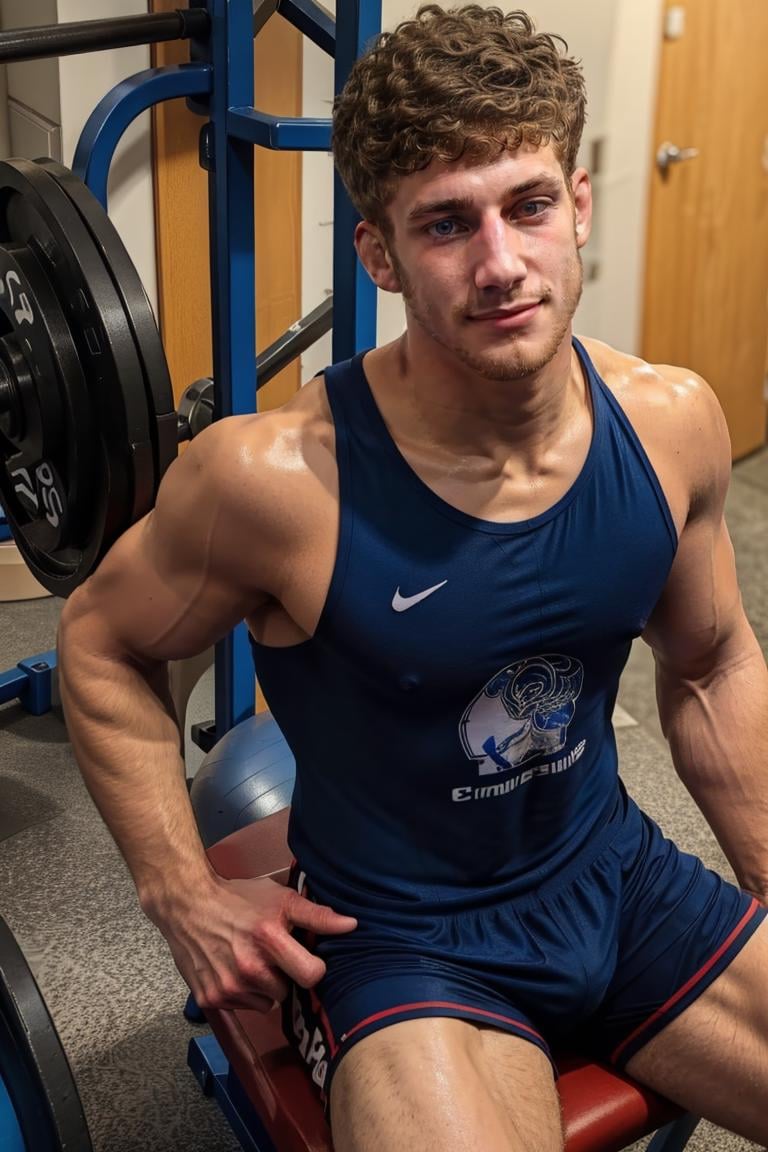 (masterpiece, best quality:1.2), man, solo, photo of person, smirk, 1guy, medium hair, blue t shirt, shorts,gym, sweaty skin, messy hair, (depth of field:1.1), sitting, view from above, masterpiece, highness, perfect face, perfect picture, detailed eyes, sharp focus<lora:EMS-321509-EMS:1.000000>