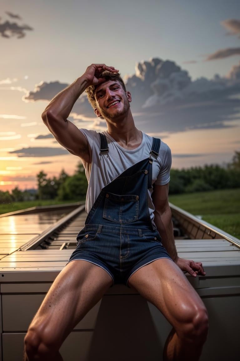 (masterpiece, best quality:1.2), man, solo, photo of person,, 1guy, muscular:1.4,medium hair, wearing overalls, t-shirt, sitting, outdoors, raining, (depth of field:1.1)  at home, masterpiece, smiling, perfect face, perfect picture, detailed eyes, sharp focus<lora:EMS-321509-EMS:1.000000>