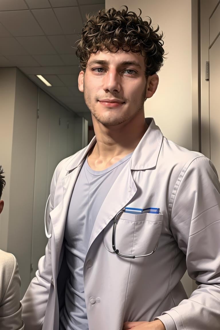 (masterpiece, best quality:1.2), man, facial hair, solo, 1boy, smirk, (depth of field:1.1), , photo of man, doctor, at the hospital, ((labcoat, dress shirt, white shorts,)) masterpiece, perfect face, perfect picture, detailed eyes, sharp focus,High detailed view,dark skin<lora:EMS-321509-EMS:1.000000>