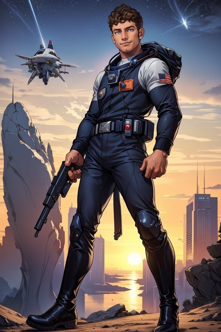 (masterpiece, best quality:1.2), photo of person, man, 1guy, solo, smirk, standing, (depth of field:1.1), , photo of person, ((spadex jumper, ,futuristic astronaut, boots, belt, )), hands on hips,holding gun, cowboy shot, standing, spaceship, masterpiece, highness, perfect face, perfect picture, detailed eyes, sharp focus, ,High detailed view,1guy<lora:EMS-321509-EMS:1.000000>