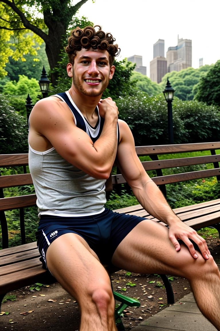 (masterpiece, best quality:1.2), man, solo, photo of person,, 1guy, muscular:1.2, wearing, gym clothes, ((shorts, sleeveless shirt)), curly hair, smirk, sitting, outdoors, bench, trees, (depth of field:1.1)  at central park, masterpiece, perfect face, perfect picture, detailed eyes, sharp focus,Masterpiece,realistic<lora:EMS-321509-EMS:0.900000>