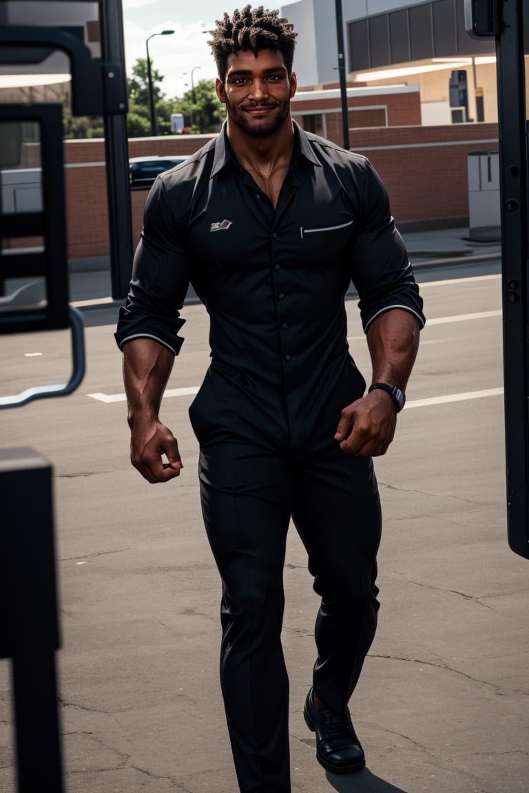 photo of person, man, smirk, (muscular:1.1), parking lot, dress shirt, dark skinned man, pants, suit, work clothes, looking to viewer, cinematic lighting, detailed face, detailed eyes, masterpiece, high_res, perfect face<lora:EMS-321465-EMS:1.000000>