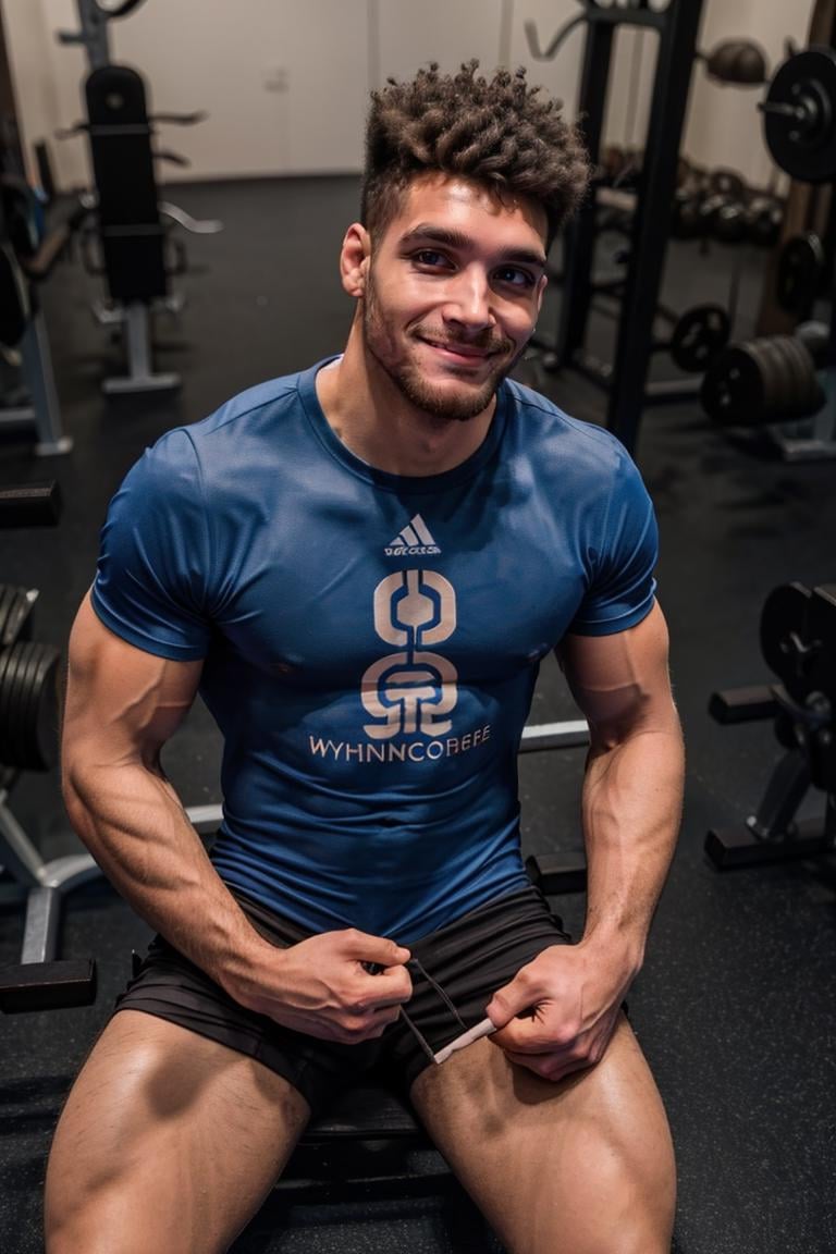 (masterpiece, best quality:1.2), man, solo, photo of person, smirk, 1guy, medium hair, ((blue t shirt, shorts,gym,)) sweaty skin, messy hair, (depth of field:1.1), sitting, view from above, masterpiece, highness, perfect face, perfect picture, detailed eyes, sharp focus<lora:EMS-321465-EMS:0.930000>