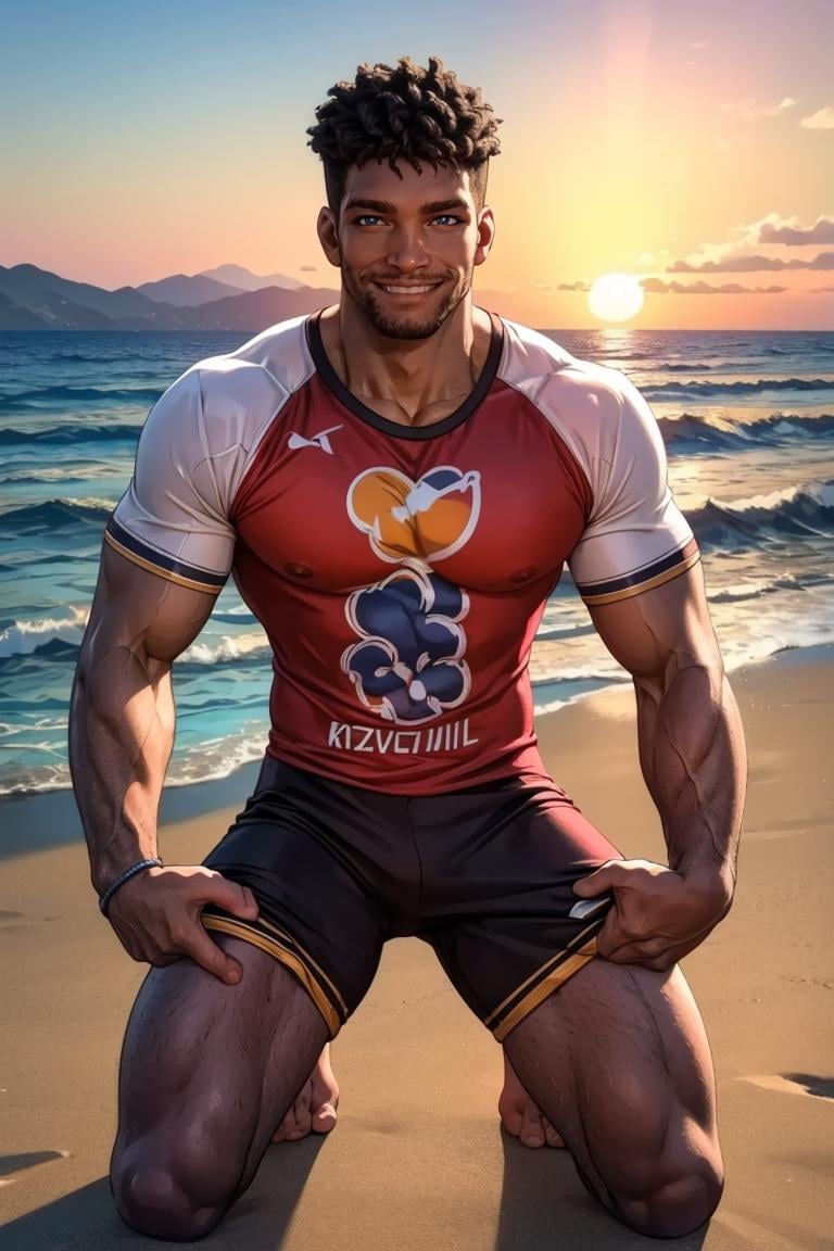 (masterpiece, best quality:1.2), smirk, muscular:1.3, (depth of field:1.1), photo of person, start print t-shirt, shorts, beach, kneeling, portrait, masterpiece, highness, perfect face, perfect picture, detailed eyes, sharp focus, sunset<lora:EMS-321465-EMS:1.000000>