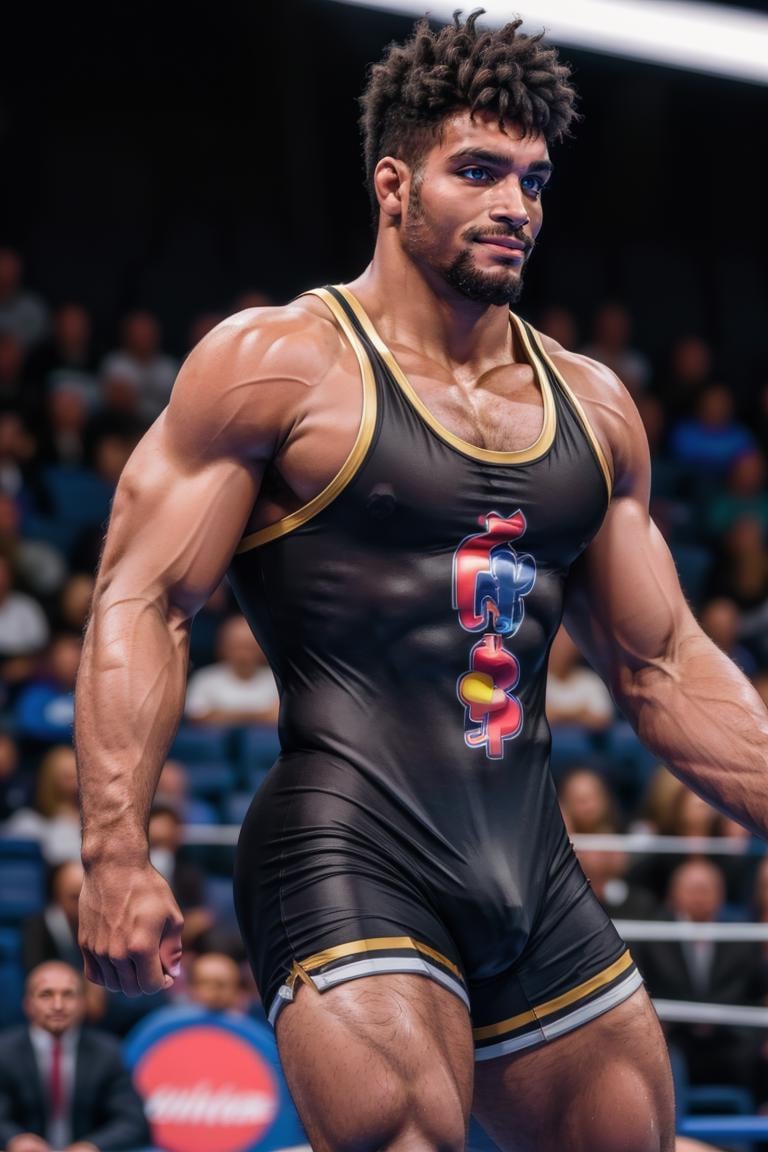 (masterpiece, best quality:1.2), man, smirk, (depth of field:1.1), photo of person, dark skinned man, slim, beard, dressed as wrestler, wrestling singlet, shorts, (((medium shot))), arena, masterpiece, highness, perfect face, perfect picture, detailed eyes, sharp focus,High detailed view<lora:EMS-321465-EMS:0.850000>