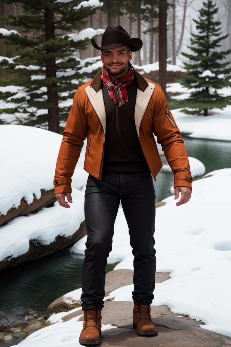 (masterpiece, best quality:1.2), photo of person, man, smirk, standing, thick legs, (depth of field:1.1), , photo of person, ((winter jacket, scarf, sweater, pants,)), hands on hips, cowboy shot, standing, winter, mountain, pinetrees, snowflakes, masterpiece, highness, perfect face, perfect picture, detailed eyes, sharp focus, ,High detailed view<lora:EMS-321465-EMS:1.000000>