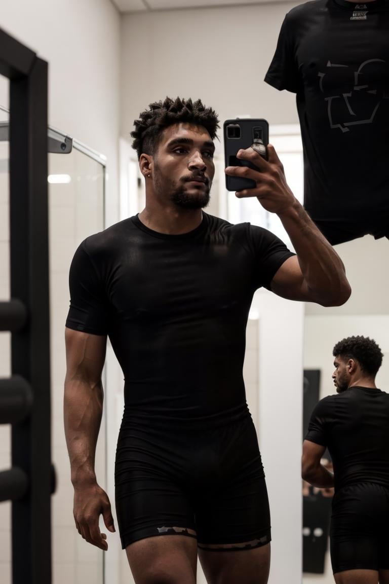 (masterpiece, best quality:1.2), man, solo, photo of person,, 1guy, medium hair, taking mirror selfie, ((black t-shirt, shorts:1.5)),(depth of field:1.1), at the bathroom, masterpiece, highness, perfect face, perfect picture, detailed eyes, sharp focus<lora:EMS-321465-EMS:0.850000>