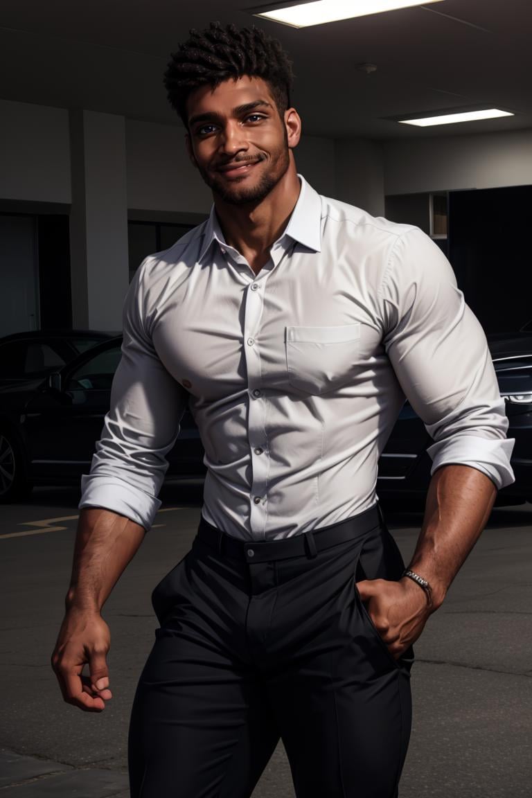 photo of person, man, smirk, (muscular:1.1), parking lot, dress shirt, dark skinned man, pants, suit, work clothes, looking to viewer, cinematic lighting, detailed face, detailed eyes, masterpiece, high_res, perfect face<lora:EMS-321465-EMS:1.000000>