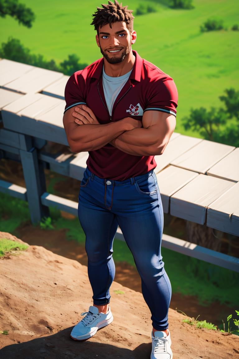 (masterpiece, best quality:1.2), man, smirk, crossed arms, , (depth of field:1.1), , photo of person, plaid shirt, denin pants, standing, at the farm, view from above, ,masterpiece, highness, perfect face, perfect picture, detailed eyes, sharp focus, muscular,High detailed view,pixelart,High detailed<lora:EMS-321465-EMS:1.000000>