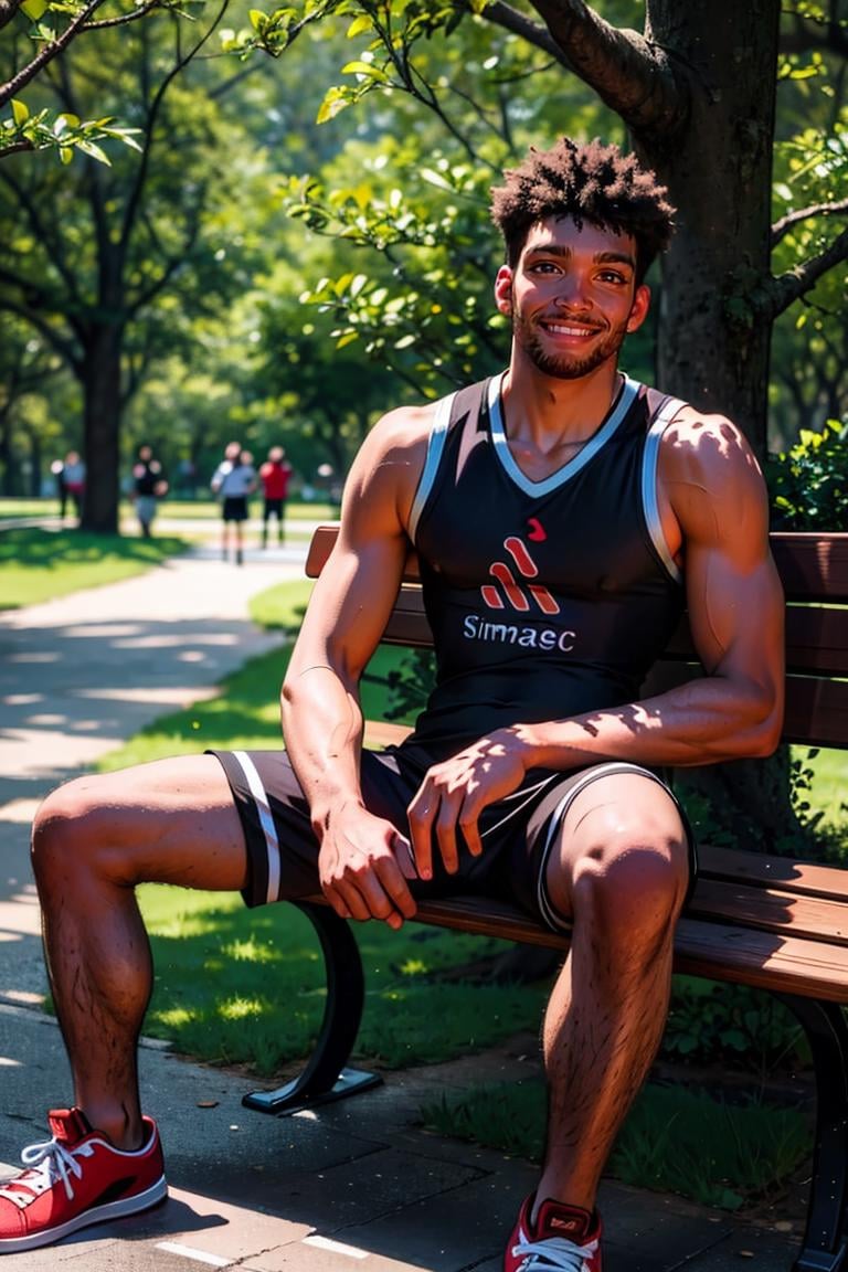 (masterpiece, best quality:1.2), man, solo, photo of person,, 1guy, muscular:1.4, dark skinned, gym clothes, ((sleeveless shirt)), sneakers, stubble, hairy legs, smirk, sitting, outdoors, bench, trees, (depth of field:1.1)  at central park, masterpiece, perfect face, perfect picture, detailed eyes, sharp focus,dark skin<lora:EMS-321465-EMS:1.000000>, <lora:EMS-17191-EMS:0.400000>