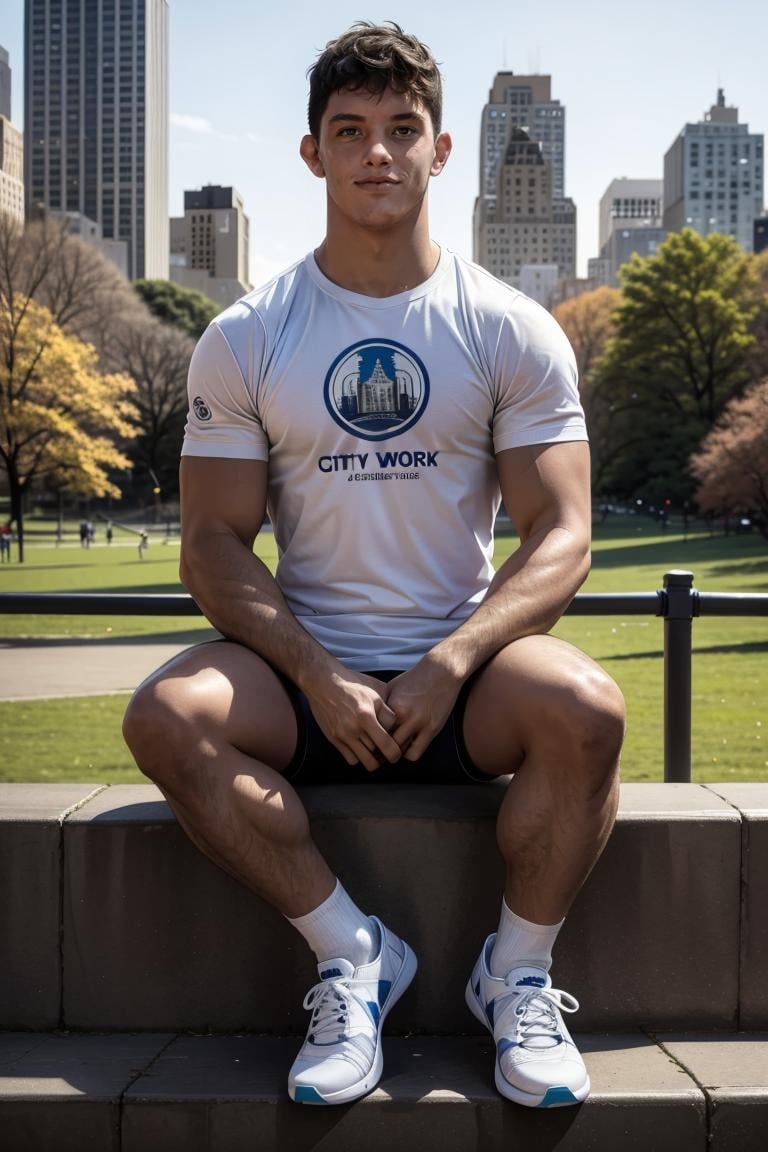 photo of person, man, smirk, city, sitting, Central park, t-shirt, shorts, (muscular, thick legs:0.6), socks, sneakers, looking to viewer, cinematic lighting, detailed face, detailed eyes, masterpiece, high_res, perfect face<lora:EMS-340587-EMS:1.000000>