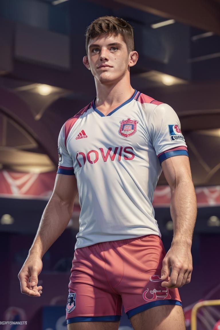 photo of person, man, serious,((soccer jersey, soccer shorts)), athletic body, pink shorts, looking to viewer, ((muscular:1.4)),hairy legs, smirk,, cinematic lighting, detailed face, detailed eyes, masterpiece, high_res, ((cowboy shot )), perfect face, at the nightclub, mattrh<lora:EMS-340587-EMS:1.000000>