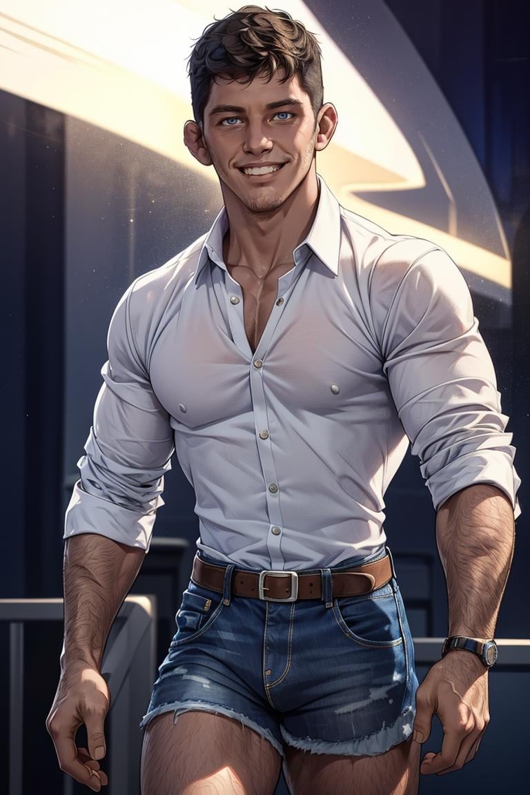 photo of person, man, smiling, ,((dress shirt)), denim shorts, looking to viewer, slim, hairy chest, smirk,, cinematic lighting, detailed face, detailed eyes, masterpiece, high_res, ((cowboy shot )), perfect face<lora:EMS-340587-EMS:1.000000>