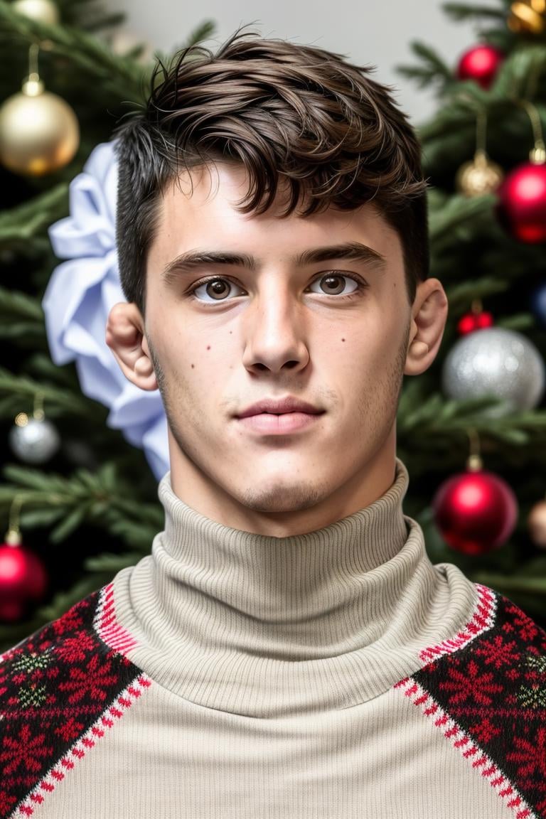 (masterpiece, best quality:1.2), man, smirk, (depth of field:1.1), photo of person, brown eyes, ((turtleneck, ugly sweater)), (medium shot), Chistmas tree, living room ,decorated for Christmas, masterpiece, highness, perfect face, perfect picture, detailed eyes, sharp focus,High detailed view<lora:EMS-340587-EMS:1.000000>