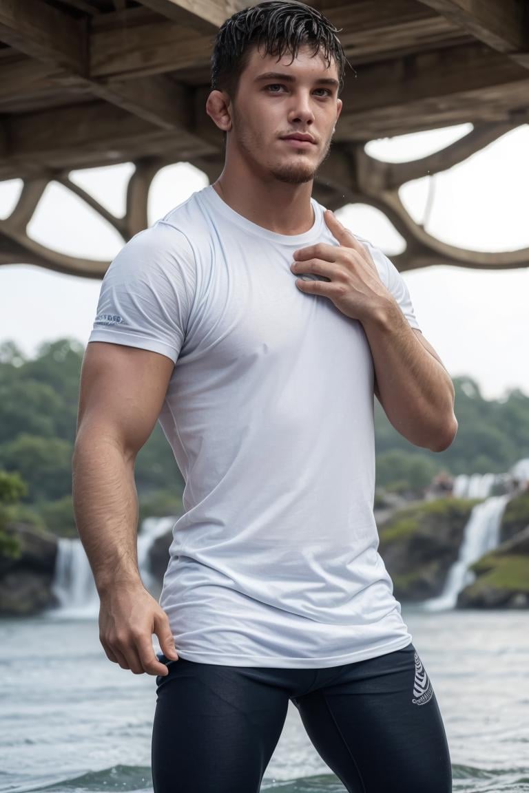 (masterpiece, best quality:1.2), man, solo, 1boy, smirk, medium shot, ((t-shirt, leggings, medium shot, beard, muscular, wet clothes)), waterfall, muscular:1.5, hands behind head, inside river, wet skin, pants, park (depth of field:1.1), , photo of, standing, view from below, sweaty skin, masterpiece, highness, perfect face, perfect picture, detailed eyes, sharp focus, detailed view, ,Highly detailed<lora:EMS-340587-EMS:1.000000>