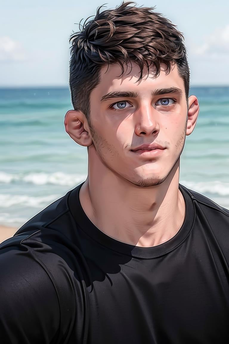 (masterpiece, best quality:1.2), man, smirk, (depth of field:1.1), photo of person, brown eyes, black t-shirt, denim pants, (medium shot), at the beach, masterpiece, highness, perfect face, perfect picture, detailed eyes, sharp focus,High detailed view<lora:EMS-340587-EMS:1.000000>