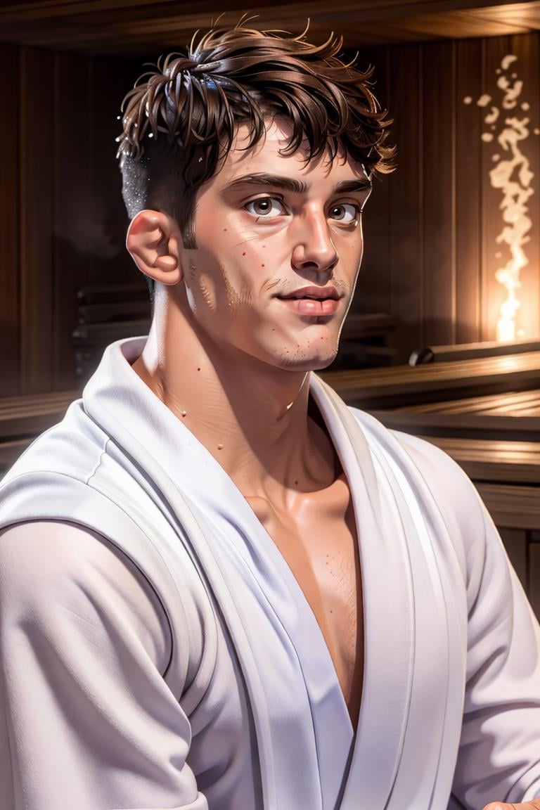 (masterpiece, best quality:1.2), man, smirk, (depth of field:1.1), photo of person, brown eyes, ((sauna, robe)), (medium shot), at the beach, masterpiece, highness, perfect face, perfect picture, detailed eyes, sharp focus,High detailed view<lora:EMS-340587-EMS:1.000000>