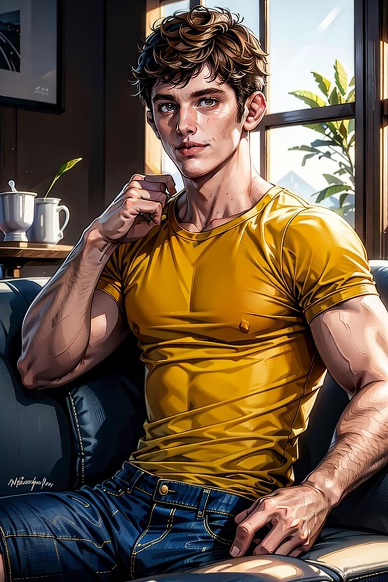 1guy, (yellow t-shirt), denim pants, short hair, muscular:1.3, , sitting,smirk, brown hair, medium hair, at the couch, seducing, looking to viewer, natural lighting, detailed face, detailed eyes, masterpiece, high_res, perfect face, , High detailed, mattrh<lora:EMS-340587-EMS:1.000000>