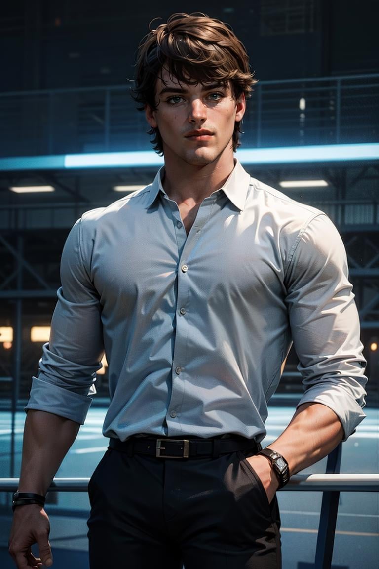 photo of person, man, smirk, (muscular:1.1), parking lot, dress shirt, pants, suit, work clothes, looking to viewer, cinematic lighting, detailed face, detailed eyes, masterpiece, high_res, perfect face<lora:EMS-341665-EMS:1.000000>