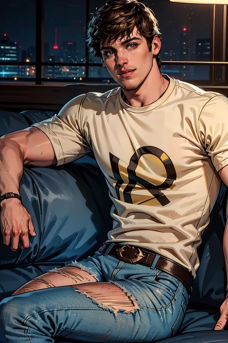 1guy, (yellow t-shirt), denim pants, short hair, muscular:1.3, , sitting,smirk, brown hair, medium hair, at the couch, seducing, looking to viewer, natural lighting, detailed face, detailed eyes, masterpiece, high_res, perfect face, , High detailed, mattrh<lora:EMS-341665-EMS:1.000000>