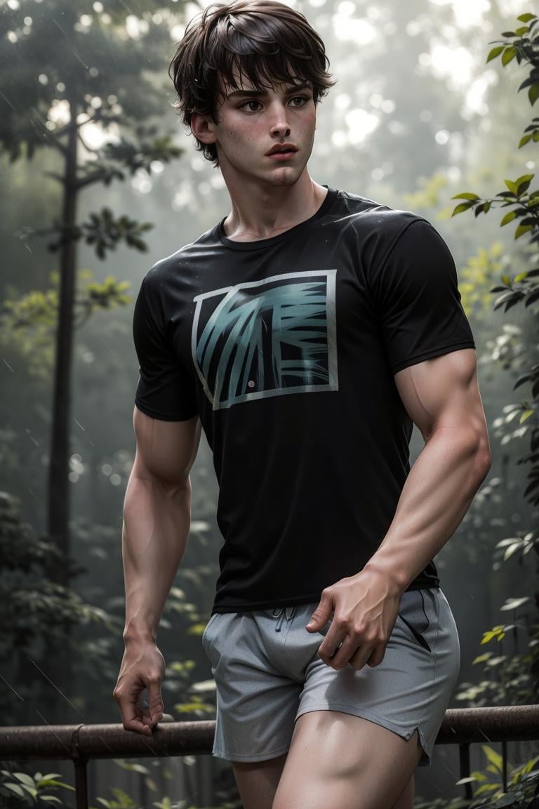 (masterpiece, best quality:1.2), man, solo, photo of person,, 1guy, medium hair, black t shirt, shorts,(depth of field:1.1), at the forest, rain, masterpiece, highness, perfect face, perfect picture, detailed eyes, sharp focus<lora:EMS-341665-EMS:0.940000>