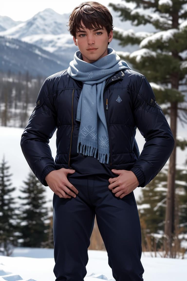 (masterpiece, best quality:1.2), photo of person, man, smirk, standing, thick legs, (depth of field:1.1), , photo of person, ((winter jacket, scarf, sweater, pants,)), hands on hips, cowboy shot, standing, winter, mountain, pinetrees, snowflakes, masterpiece, highness, perfect face, perfect picture, detailed eyes, sharp focus, ,High detailed view<lora:EMS-341665-EMS:1.000000>