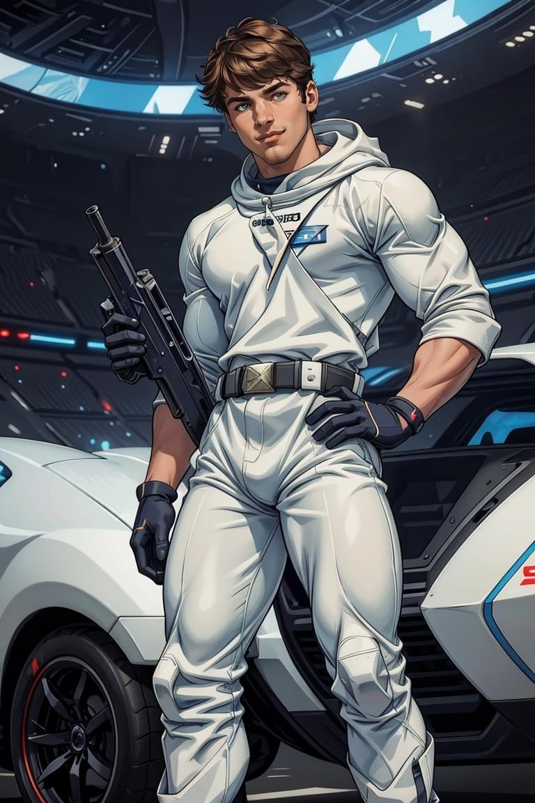 (masterpiece, best quality:1.2), photo of person, man, 1guy, solo, smirk, standing, (depth of field:1.1), , photo of person, ((spadex jumper, ,futuristic astronaut, boots, belt, )), hands on hips,holding gun, cowboy shot, standing, spaceship, masterpiece, highness, perfect face, perfect picture, detailed eyes, sharp focus, ,High detailed view,1guy<lora:EMS-341665-EMS:0.930000>