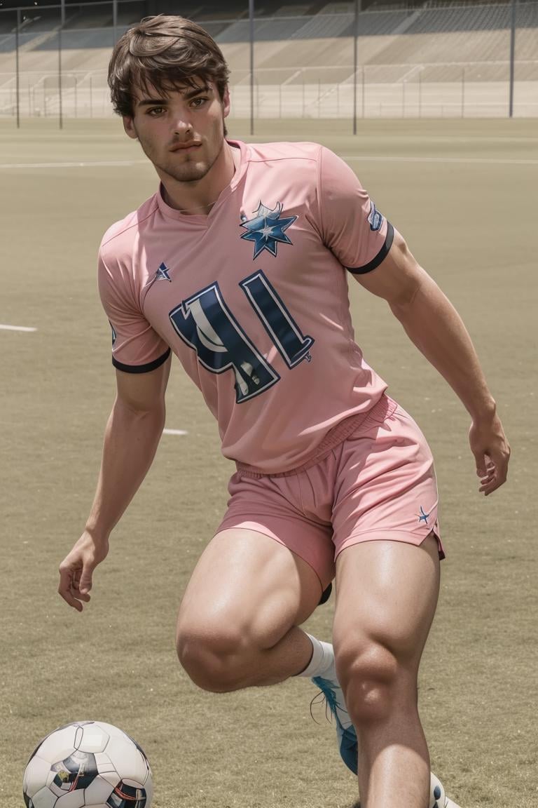 photo of person, man, serious,((soccer jersey, soccer shorts)), athletic body, pink shorts, looking to viewer, ((muscular:1.4)),hairy legs, smirk,, cinematic lighting, detailed face, detailed eyes, masterpiece, high_res, ((cowboy shot )), perfect face, at the nightclub, mattrh<lora:EMS-341665-EMS:1.000000>