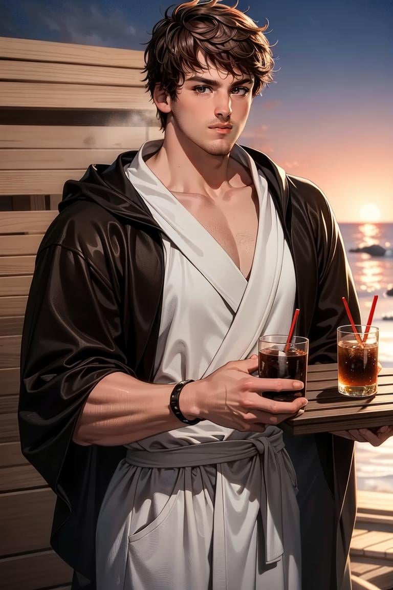 (masterpiece, best quality:1.2), man, smirk, (depth of field:1.1), stubble, photo of person, brown eyes, ((sauna, robe)), (medium shot), at the beach, masterpiece, highness, perfect face, perfect picture, detailed eyes, sharp focus,High detailed view, holding a drink<lora:EMS-341665-EMS:0.900000>