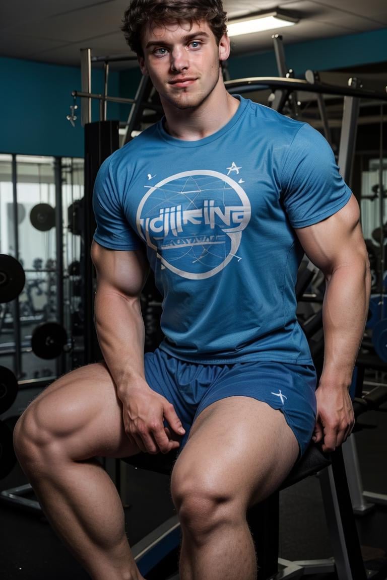 (masterpiece, best quality:1.2), man, solo, photo of person, smirk, 1guy, medium hair, ((blue t shirt, shorts,gym,)) sweaty skin, (depth of field:1.1), sitting, view from above, masterpiece, highness, perfect face, perfect picture, detailed eyes, sharp focus<lora:EMS-341665-EMS:0.930000>