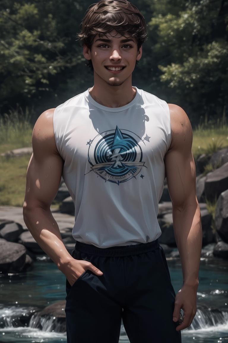 (masterpiece, best quality:1.2), man, solo, 1boy, smirk, short hair, smiling, stubble, medium shot,((white t-shirt)) ,(bara, muscular, sleeveless shirt), waterfall, hands behind head, inside river, wet skin, pants, park (depth of field:1.1), , photo of, standing, view from below, sweaty skin, masterpiece, highness, perfect face, perfect picture, detailed eyes, sharp focus, detailed view, ,Highly detailed, ,High detailed<lora:EMS-79-EMS:0.500000>, <lora:EMS-34736-EMS:0.500000>, <lora:EMS-341665-EMS:0.920000>