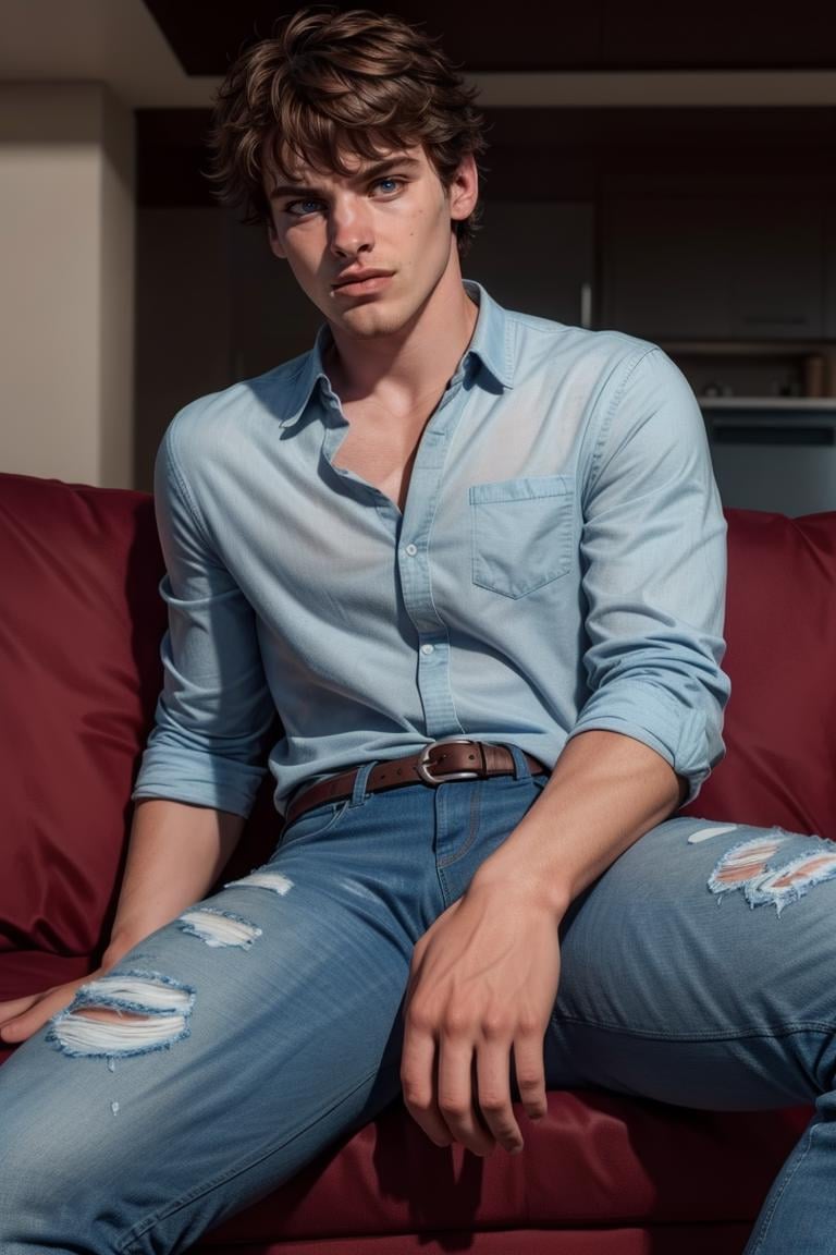 (masterpiece, best quality:1.2), man,solo, 1boy, , (slim man,depth of field:1.1), photo of man, serious, floral shirt, closed shirt, denim jeans,, closed shirt, sitting on couch, spread legs, symmetrical body, , ,cowboy shot, , masterpiece, highness, perfect face, perfect picture, detailed eyes, sharp focus,High detailed view,photorealistic<lora:EMS-75454-EMS:0.800000>, <lora:EMS-341665-EMS:0.940000>