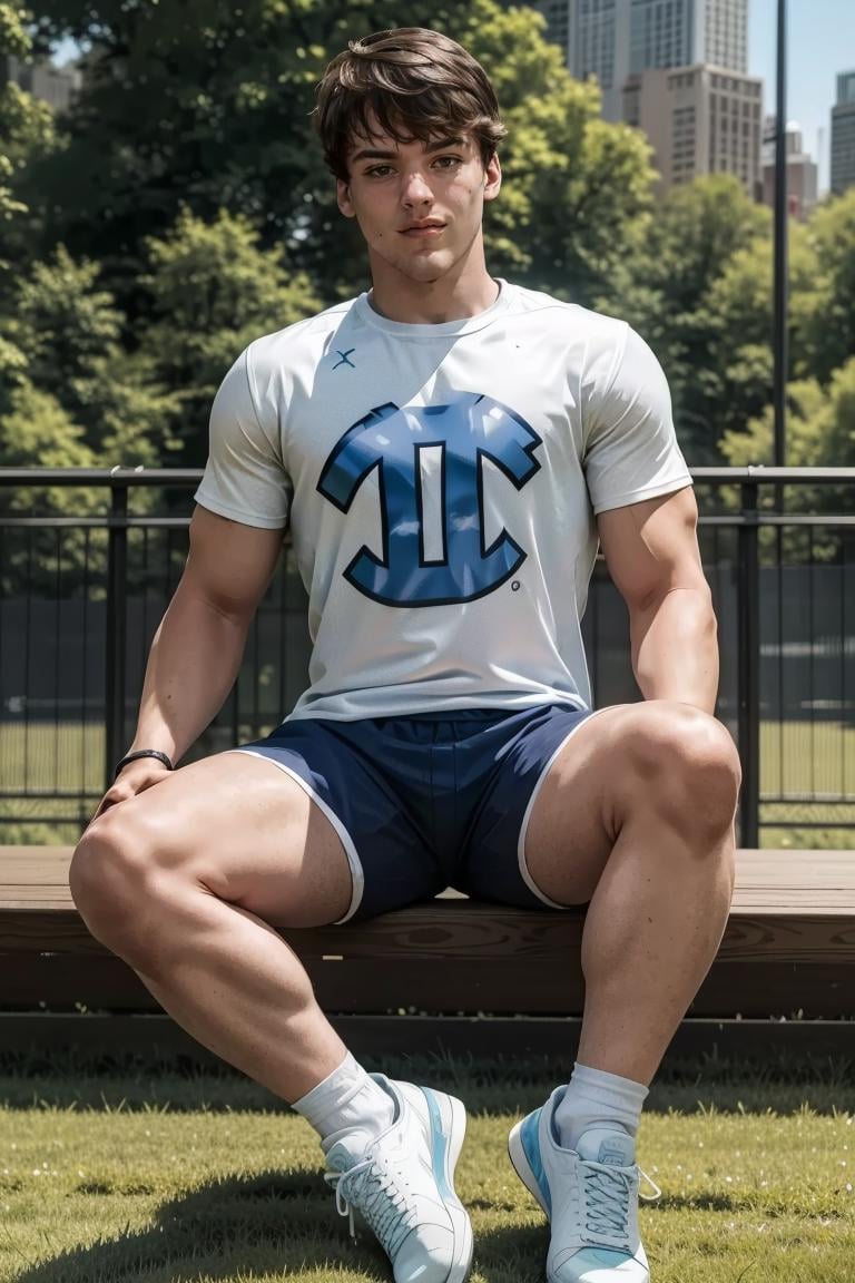 photo of person, man, smirk, city, sitting, Central park, t-shirt, shorts, (muscular, thick legs:0.6), socks, sneakers, looking to viewer, cinematic lighting, detailed face, detailed eyes, masterpiece, high_res, perfect face<lora:EMS-341665-EMS:1.000000>