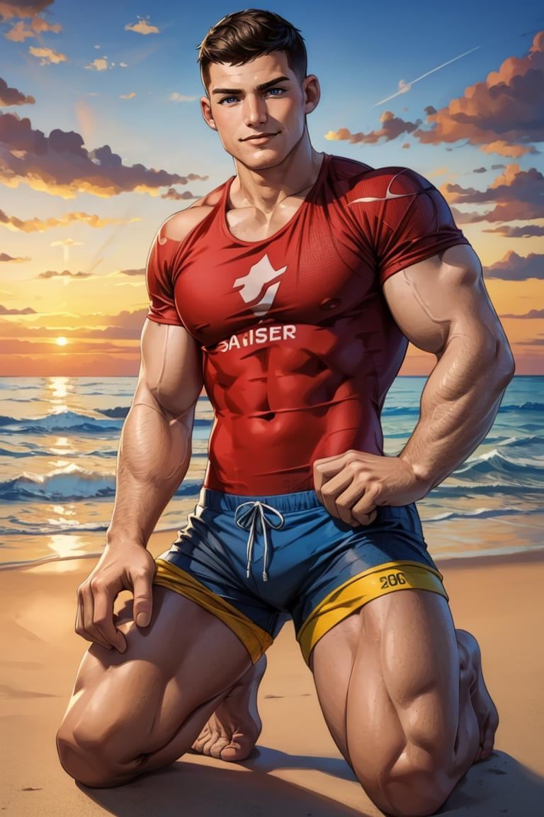 (masterpiece, best quality:1.2), smirk, muscular:1.3, (depth of field:1.1), photo of person, start print t-shirt, shorts, beach, kneeling, portrait, masterpiece, highness, perfect face, perfect picture, detailed eyes, sharp focus, sunset<lora:EMS-335314-EMS:1.000000>