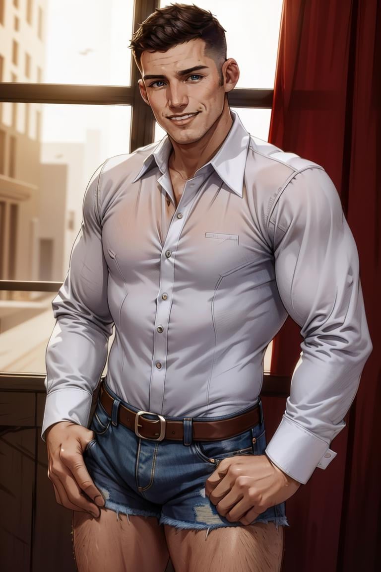 photo of person, man, smiling, ,((dress shirt)), denim shorts, looking to viewer, slim, hairy chest, smirk,, cinematic lighting, detailed face, detailed eyes, masterpiece, high_res, ((cowboy shot )), perfect face<lora:EMS-335314-EMS:1.000000>