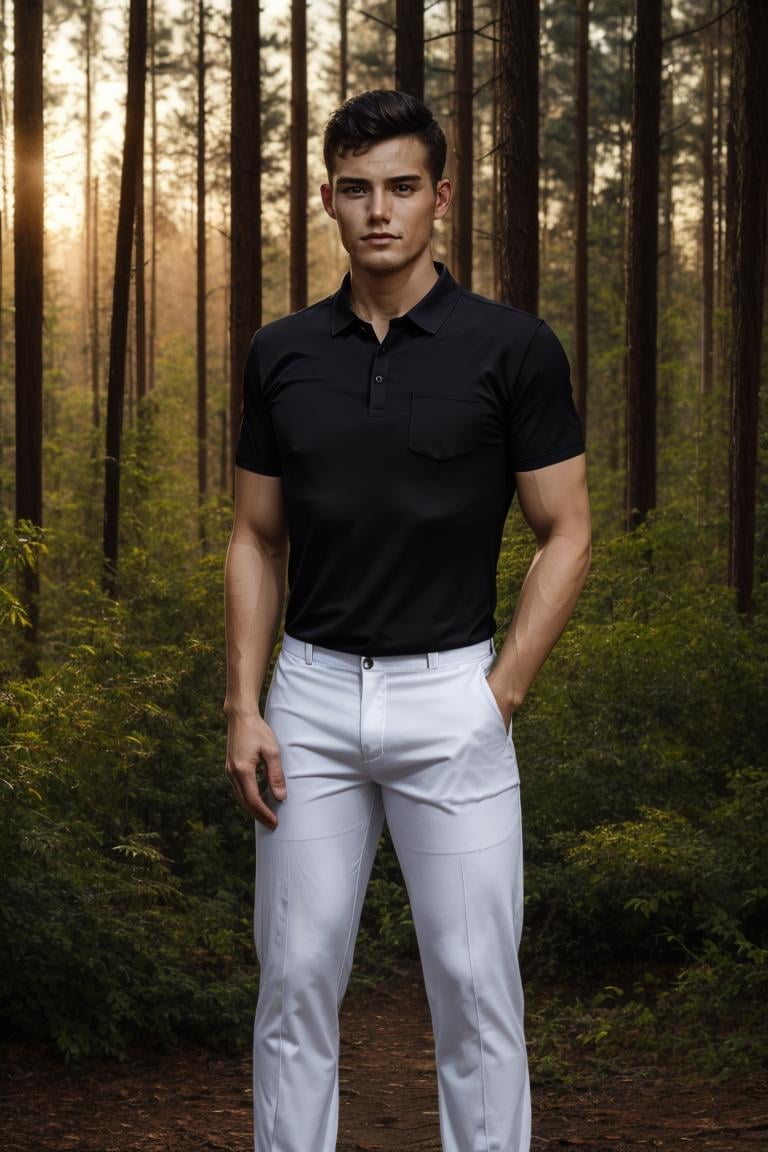 photo of person, man, male, black shirt, looking to viewer, full body, white pants, serious, on the forest, sunset, cinematic lighting, detailed face, detailed eyes, masterpiece, high_res, perfect face, , High detailed<lora:EMS-335314-EMS:1.000000>