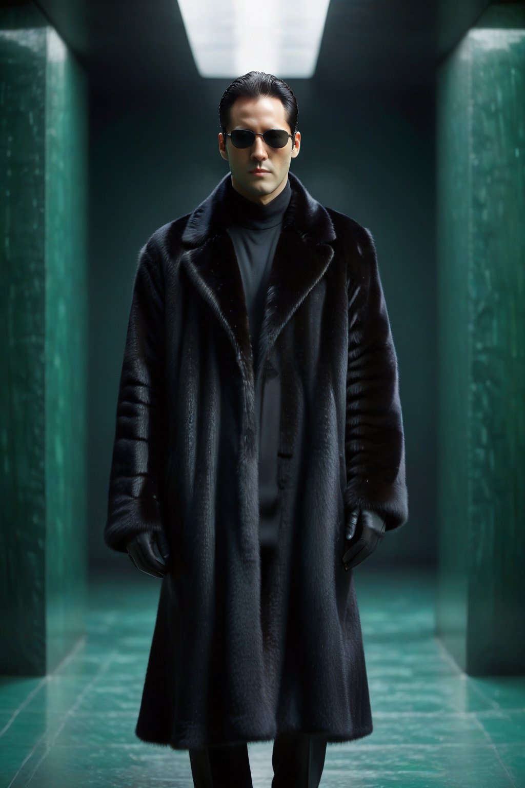 score_9, score_8_up, score_7_up, score_6_up, 
A strikingly enigmatic figure in a sleek black fur coat and stylish sunglasses, the lone man in the matrix exudes an aura of cool sophistication. The scene appears to be a digital rendering, possibly a high-definition photograph, capturing the mysterious individual in exceptional detail. Every strand of fur on his coat, every reflection in his shades, is meticulously depicted, showcasing the impeccable quality of the image. The overall effect is one of intrigue and allure, inviting viewers to delve deeper into the enigma of this captivating character.