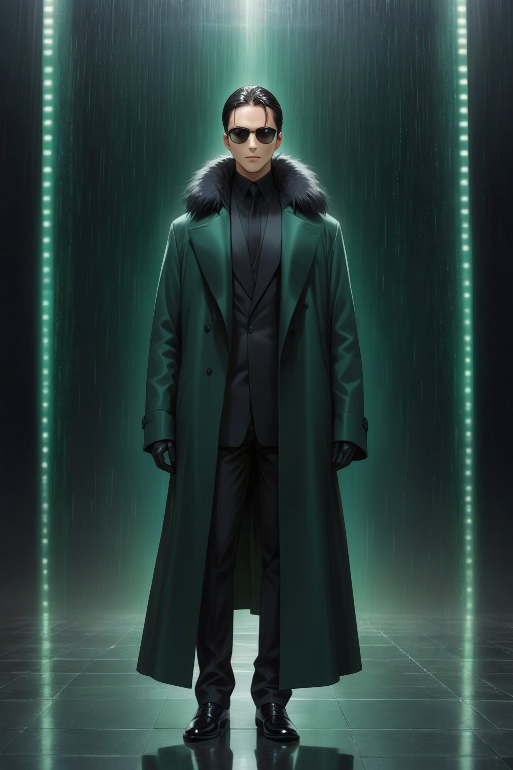 score_9, score_8_up, score_7_up, score_6_up, 
A strikingly enigmatic figure in a sleek black fur coat and stylish sunglasses, the lone man in the matrix exudes an aura of cool sophistication. The scene appears to be a digital rendering, possibly a high-definition photograph, capturing the mysterious individual in exceptional detail. Every strand of fur on his coat, every reflection in his shades, is meticulously depicted, showcasing the impeccable quality of the image. The overall effect is one of intrigue and allure, inviting viewers to delve deeper into the enigma of this captivating character.