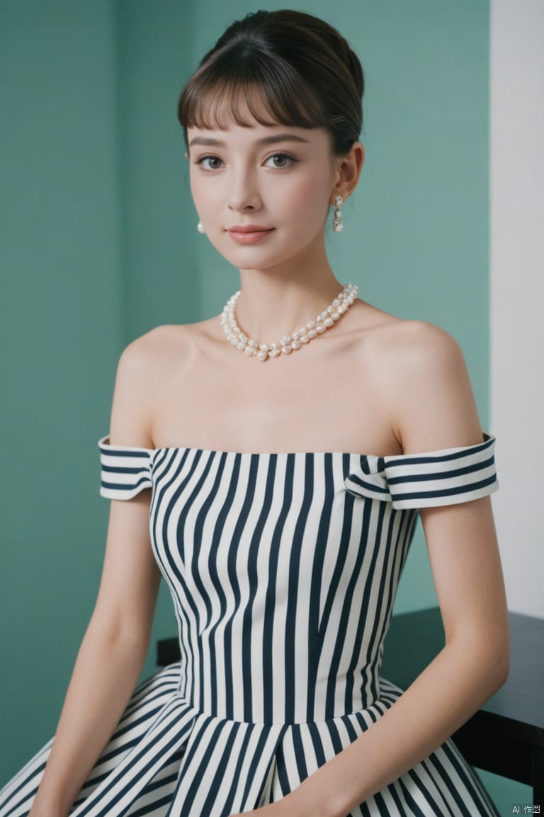  (masterpiece, best quality, hyper realistic, raw photo, ultra detailed, extremely detailed, intricately detailed), (photorealistic:1.4), (photography of Audrey Hepburn wearing a fashionable Striped off-the-shoulder ruffle hem dress, designed by Hubert de Givenchy, ), (smile), fairy, pure, innocent, beauty, (slender), super model, adr, Breakfast at Tiffany's, Sabrina, (glide_fashion),depthoffield,(fullshot),filmgrain,zeisslens,symmetrical,8kresolution,octanerender(OC渲染),extremelyhigh-resolutiondetails,finetexture,dynamicangle,fashion(时尚), fashion,,