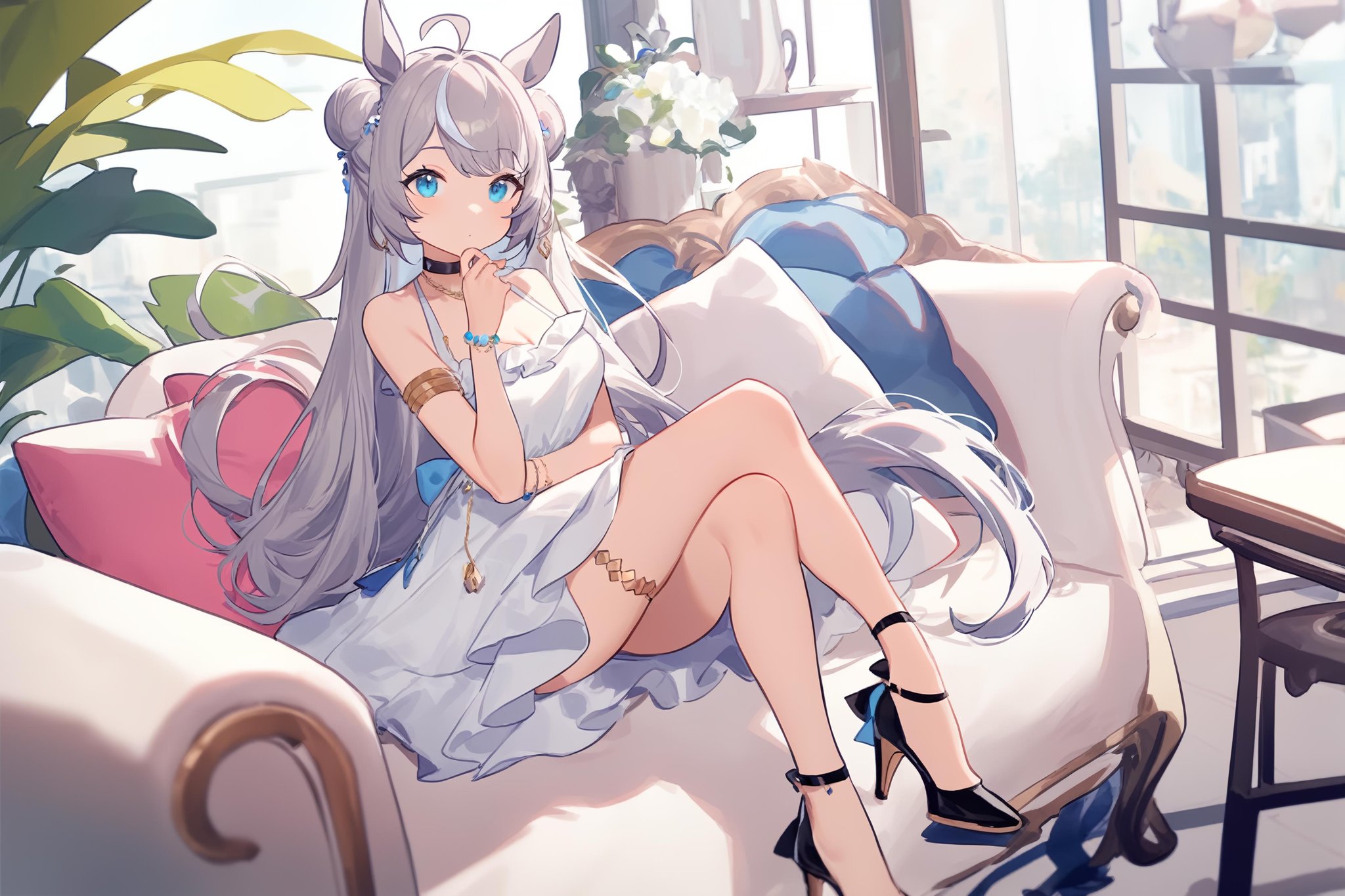 1girl,  umamusume, ask \(askzy\), torino aqua, migolu, solo, (1o1i:1.1), medium breasts, silver hair, (light purple hair:0.6), very long hair, hair between eyes, looking at viewer, tareme, horse girl, blue eyes, horse tail, sidelocks, hair bun, jewelry, necklace, ahoge, cleavage, full body, hand to own mouth, choker, sitting, thighlet, animal ears, long hair, bracelet, horse ears, double bun, earrings, breasts, armlet, hair ornament, tail, cafe, fashion, casual, blurry, cushion, streaked hair, high heels, bare shoulders, frills, black footwear, strappy heels, official alternate costume, couch, white skirt, blurry background, crossed legs, closed mouth, skirt, masterpiece, newest, absurdres, safe