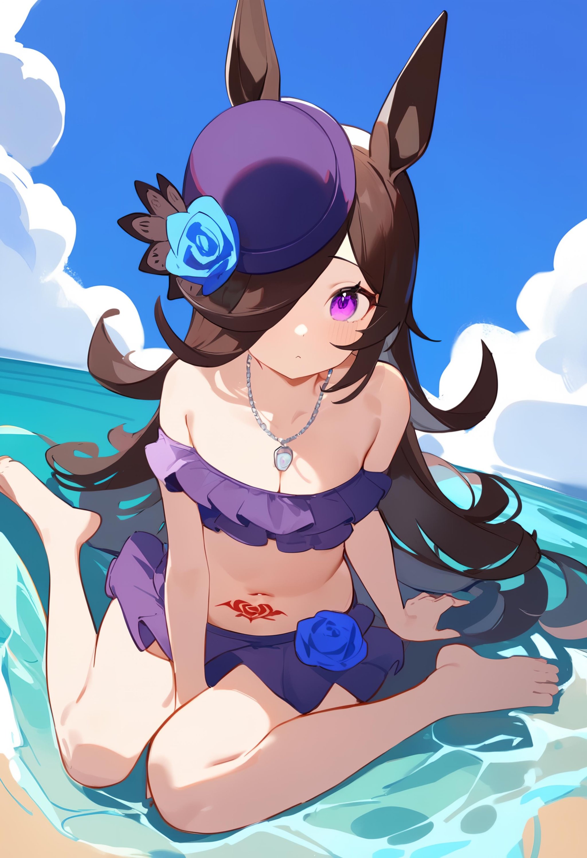 1girl,rice shower \(umamusume\), umamusume,shiro9jira, ciloranko, ask \(askzy\), (tianliang duohe fangdongye:0.8),solo, (1o1i:1.3), swimsuit, medium breasts, blue sky, sitting, horse girl, looking at viewer, horse ears, purple bikini, tail, thighlet, barefoot, sky, collarbone, stomach tattoo, rice shower \(umamusume\) \(cosplay\), purple headwear, hat flower, long hair, hair over one eye, mia dolan, breasts, day, horse tail, cloud, water, animal ears, black hair, pendant, frills, bare shoulders, full body, tattoo, navel, blue flower, hat, blue rose, flower, frilled bikini, wariza, purple eyes, necklace, bikini, cosplay, cleavage, rose, jewelry,masterpiece, newest, absurdres, sensitive