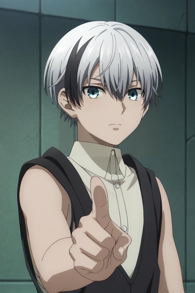 score_9, score_8_up, score_7_up, source_anime, anime screencap, anime coloring, , looking at viewer, , depth of field, 1boy, solo, male focus, <lora:polka_shinoyama_pony:1>, polka_shinoyama, grey hair, blue eyes, two-tone hair, black hair, short hair, hair between eyes, streaked hair, bangs, scar, sleeveless shirt, pork pie hat, , One hand pointing, signaling direction, <lora:sdxl_lightning_8step_lora:1>