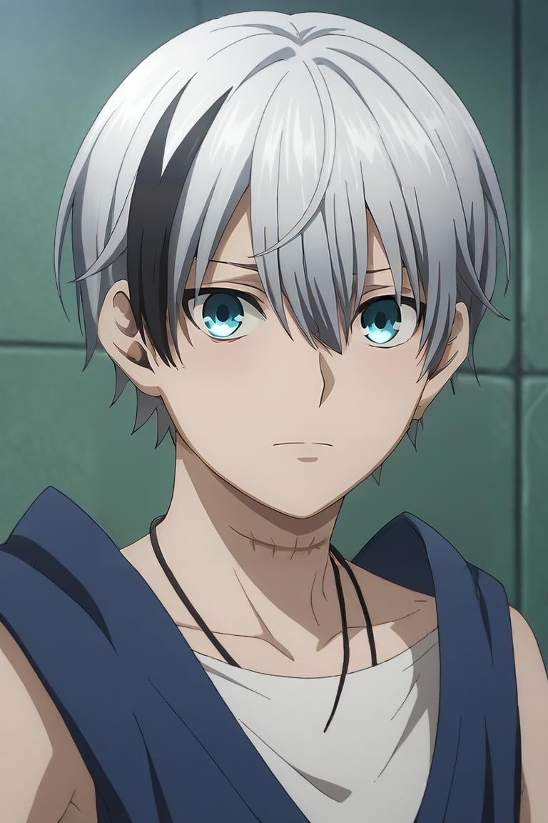 score_9, score_8_up, score_7_up, source_anime, semi-realistic, looking at viewer, upper body, depth of field, 1boy, solo, male focus, <lora:polka_shinoyama_pony:0.92>, polka_shinoyama, grey hair, blue eyes, two-tone hair, black hair, short hair, hair between eyes, streaked hair, bangs, scar, , , , <lora:sdxl_lightning_8step_lora:1>