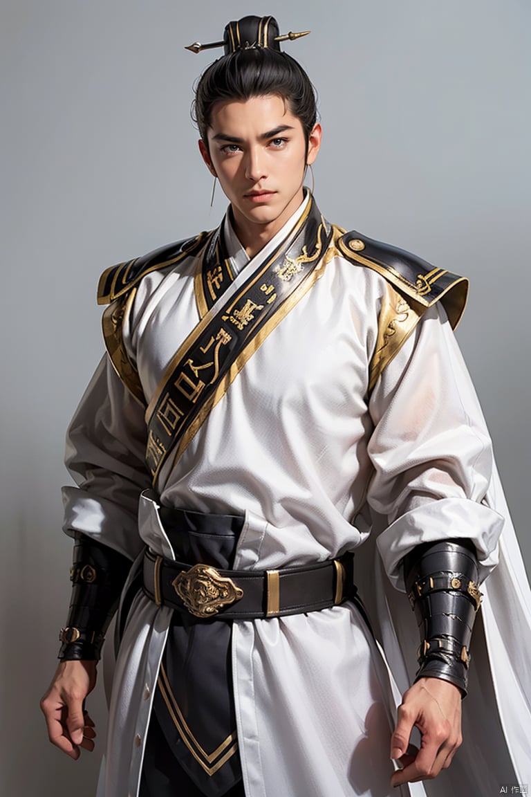  (High quality, High resolution, Fine details), 1boy,male focus,standing,black bodysuit, black armor,black hair, long legs,looking at viewer,hero's armour, simple background,sanguozhi, zskj, white robe, SGZ2