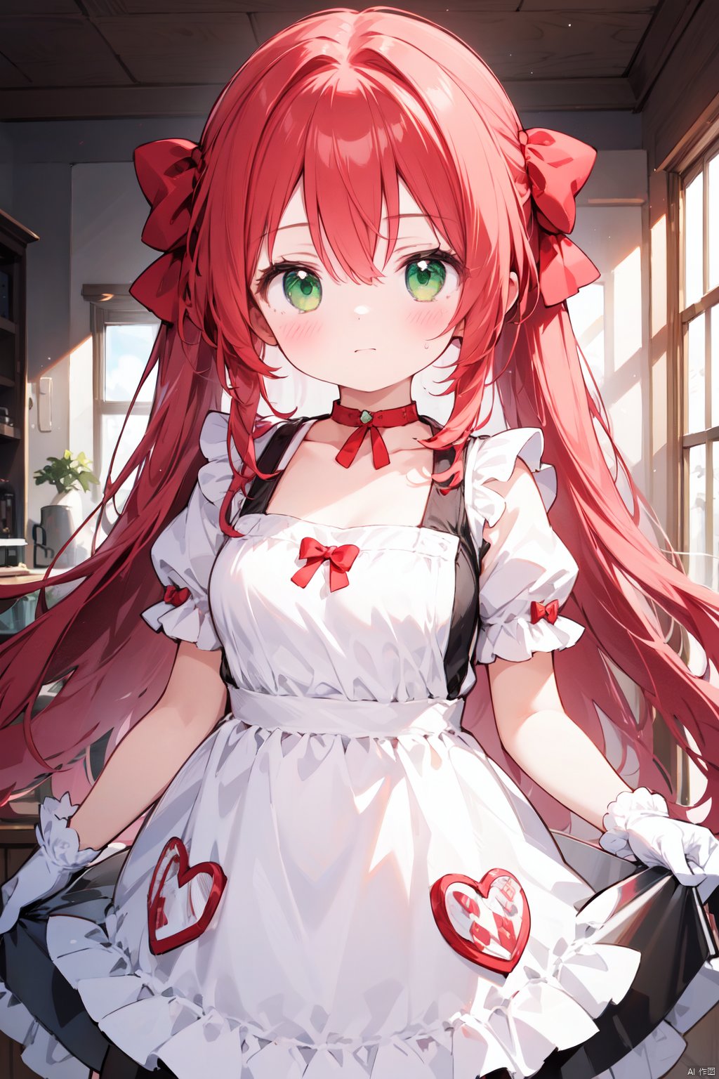 1girl, apron, blush, bow, breasts, choker, dress, frills, gloves, green_eyes, hair_between_eyes, hair_bow, holding, holding_tray, long_hair, looking_at_viewer, medium_breasts, red_hair, solo, tray, white_gloves