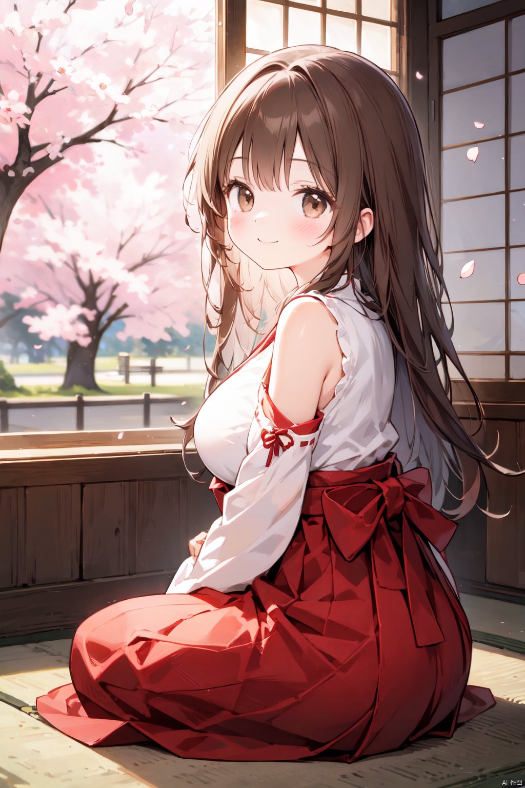 1girl, bare_shoulders, blush, breasts, brown_eyes, brown_hair, butt_crack, cherry_blossoms, detached_sleeves, hakama, hakama_skirt, japanese_clothes, large_breasts, long_hair, looking_at_viewer, nontraditional_miko, petals, red_hakama, sitting, skirt, smile, solo