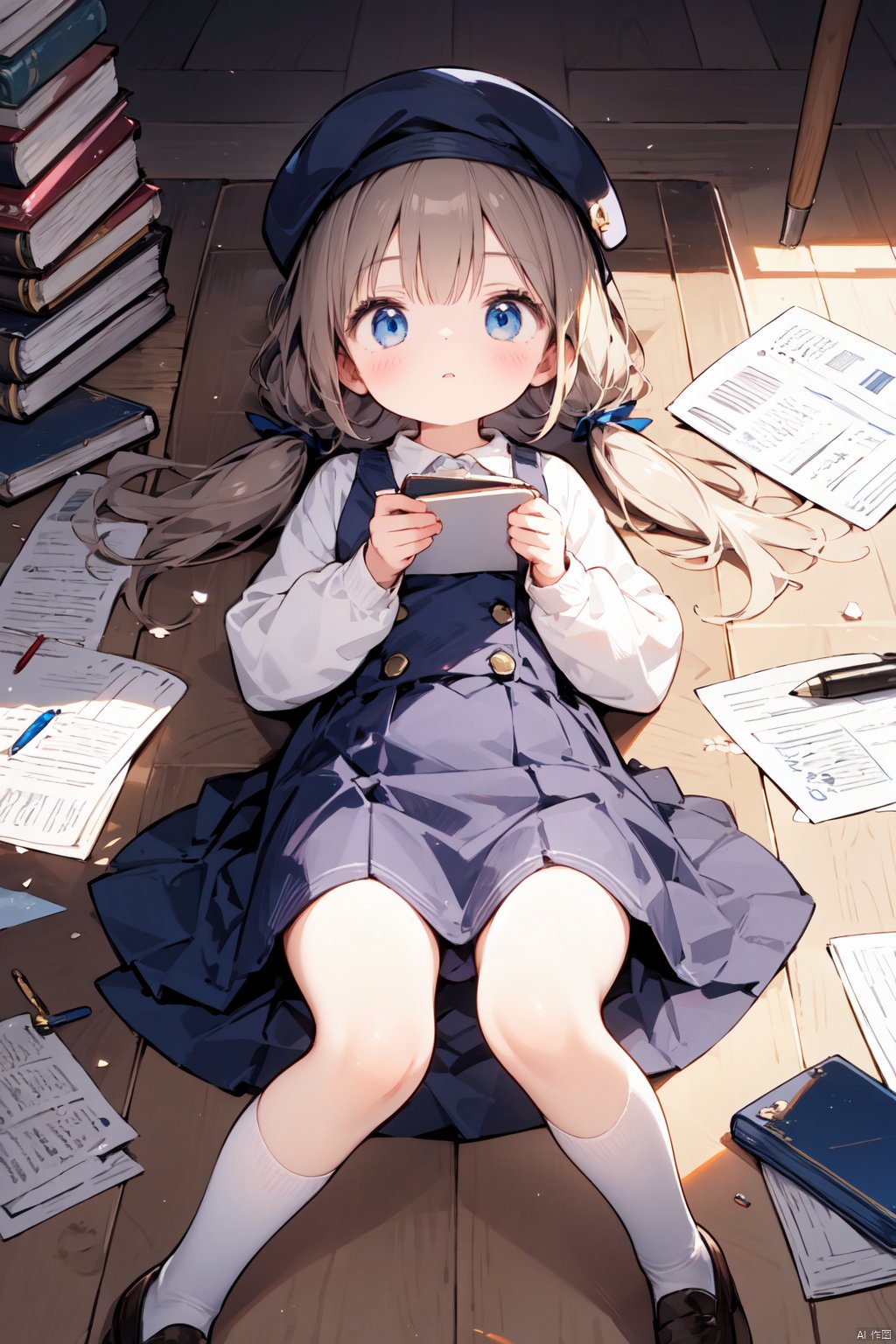 1girl, bangs, blue_eyes, book, book_stack, bookmark, brown_hair, clipboard, envelope, eraser, floating_book, grimoire, hair_ribbon, hat, holding, holding_book, holding_letter, holding_paper, holding_pen, inkwell, jacket, laptop, letter, library, loafers, long_hair, long_sleeves, love_letter, lying, manga_\(object\), map, mechanical_pencil, menu, newspaper, notebook, notepad, on_back, open_book, paper, paper_airplane, papers, parted_lips, pen, pencil, pencil_case, pinafore_dress, quarter_note, quill, reading, ribbon, school_uniform, sheet_music, shoes, sketchbook, skirt, socks, solo, tablet_pc, twintails, white_legwear